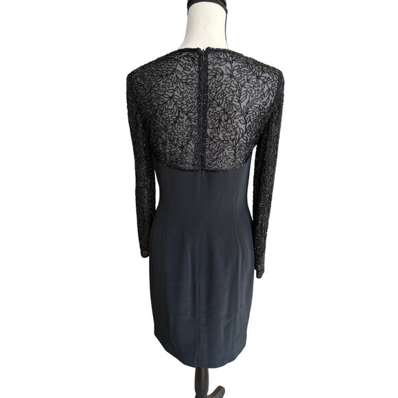 Oleg Cassini Black Tie Beaded Long Sleeve Cocktail Dress Black Size 4 Small - Picture 3 of 10